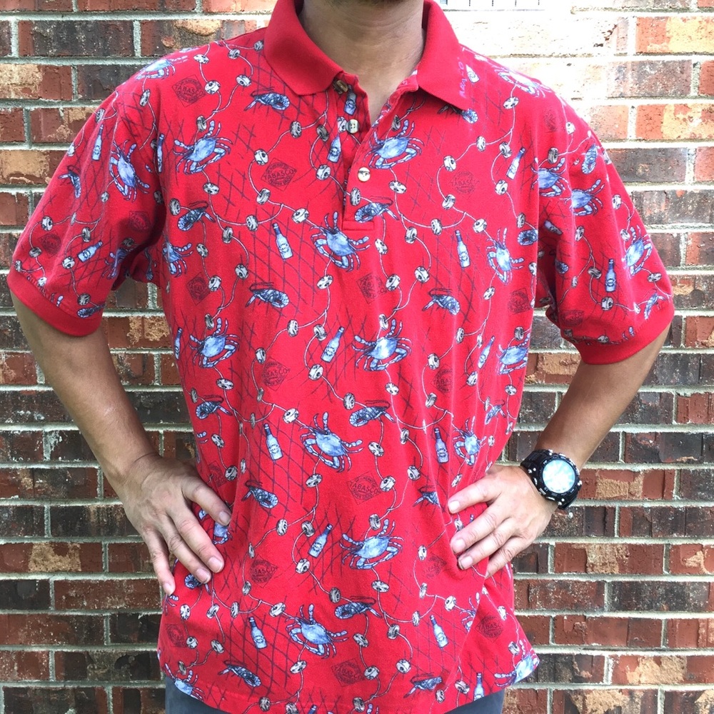Vintage Tabasco polo blue crab and shirt Large